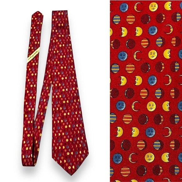 Salvatore Ferragamo 100% Silk Neck Tie Celestial Moon Micro Print Red Italy Made - Picture 1 of 9